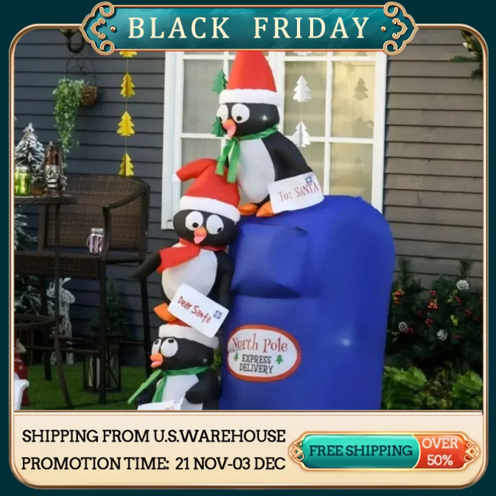 Penguins with mailbox inflators bring together a cohesive Christmas display with LED lights to create a cheerful, magical effect