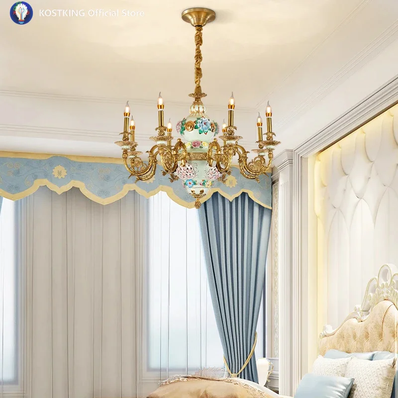 French Vintage Brass Candle Chandelier, Luxury Exquisite Carved Ceramic Pendant For Living, Hall & Villa