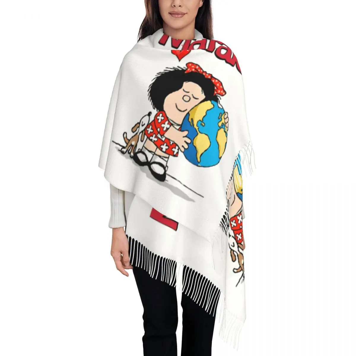 Custom Mafalda World And Her Puppy Tassel Scarf Women Soft Quino Comic Cartoon Shawls Wraps Ladies Winter Fall Scarves