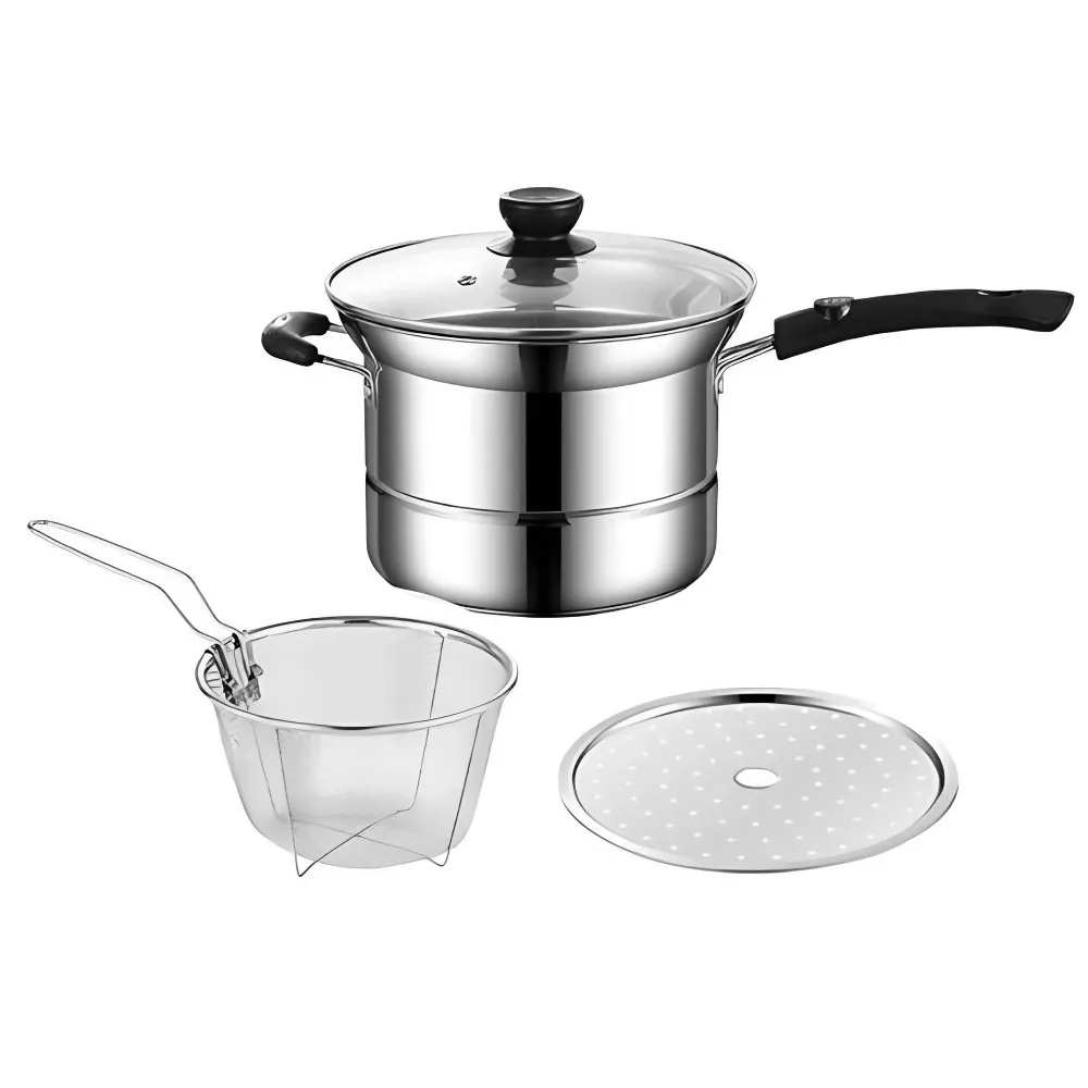 

Multifunctional Stainless Steel Deep Fryer Pot Visible Lid with Frying Basket and Steamer Pasta Pot Japanese Stockpot Soup