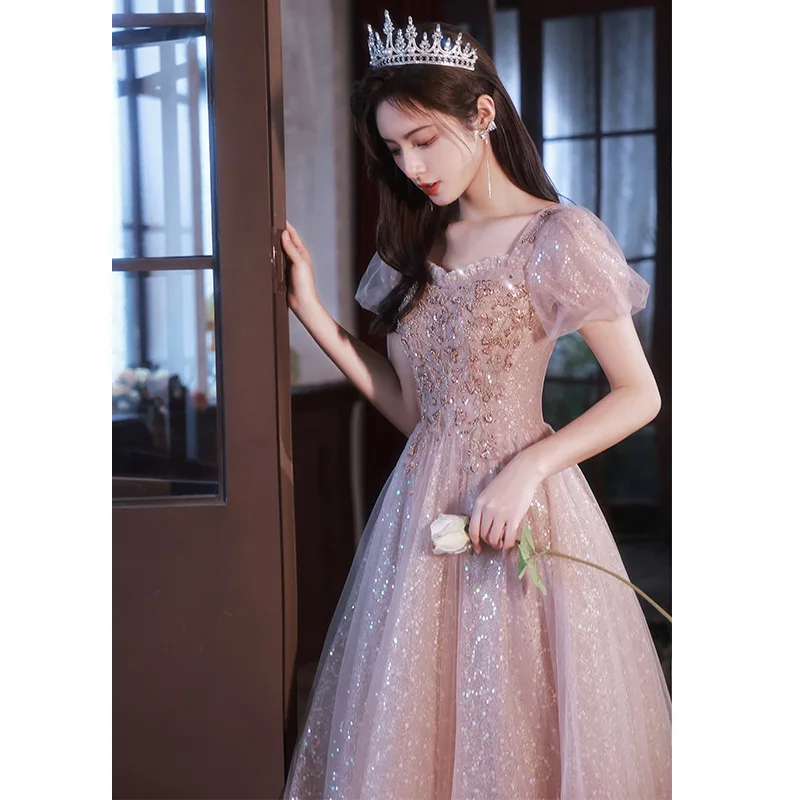

Розовое женское платье для выпускного вечера с бисером и блестками, пышными рукавами, тонкие трапециевидные платья для банкетных вечеринок, элегантные вечерние платья длиной до пола, женские