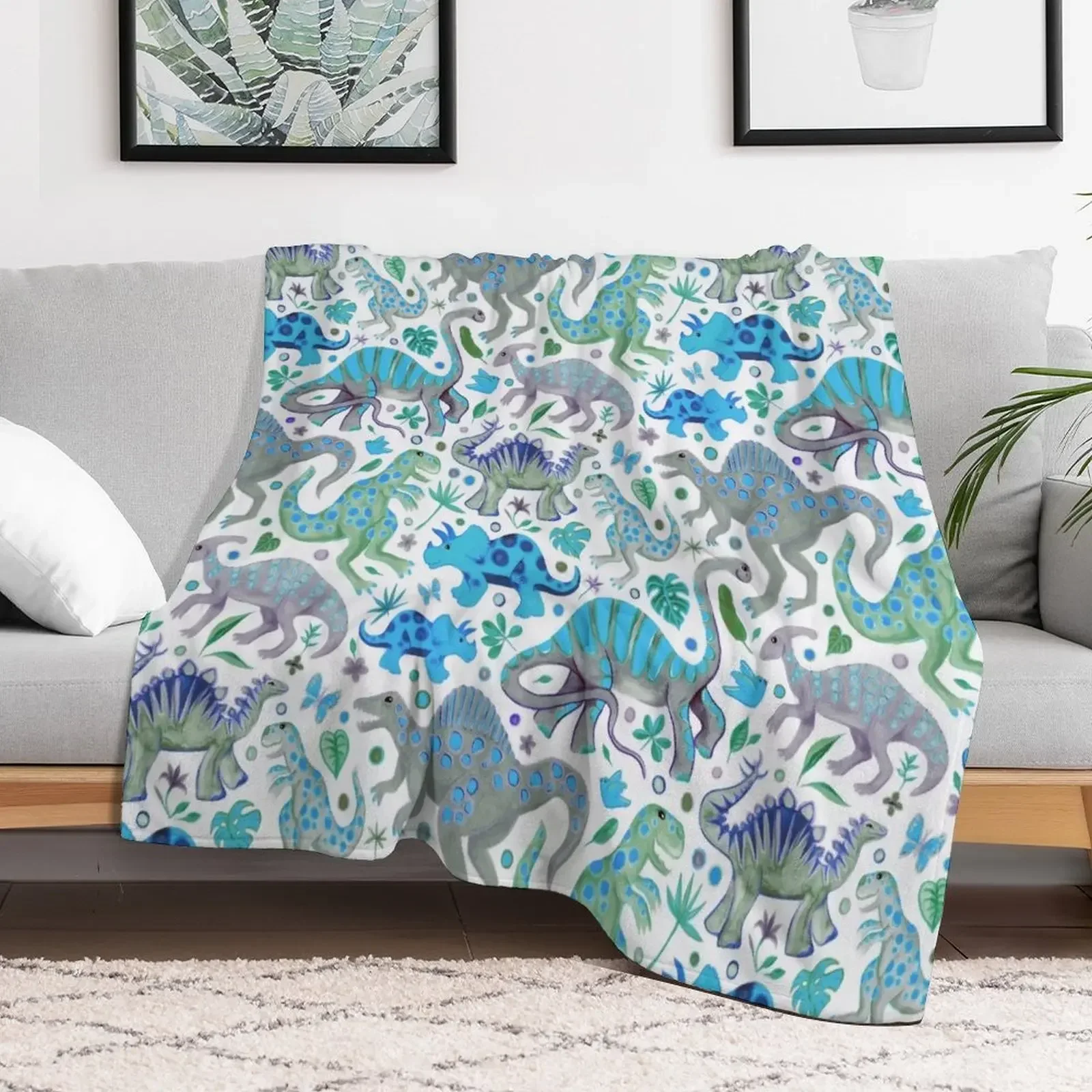 Happy Dinos in Blue and Green Throw Blanket Thermals For Travel Furry Blankets