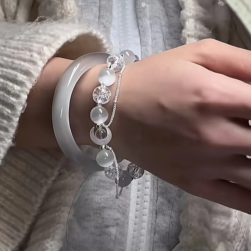 Korean Style White Beads Moon Bracelet for Women Vintage Gradient Crystal Glass Planet Bracelets Exquisite Party Jewelry Gifts