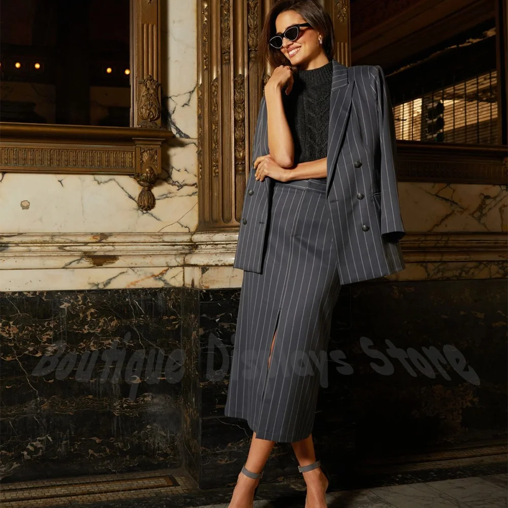 

Modern Striped Women's 2-Piece Suit Set Double Breasted Peak Lapel Blazer Midi Skirt Office Business Formal Party Fashion Outfit