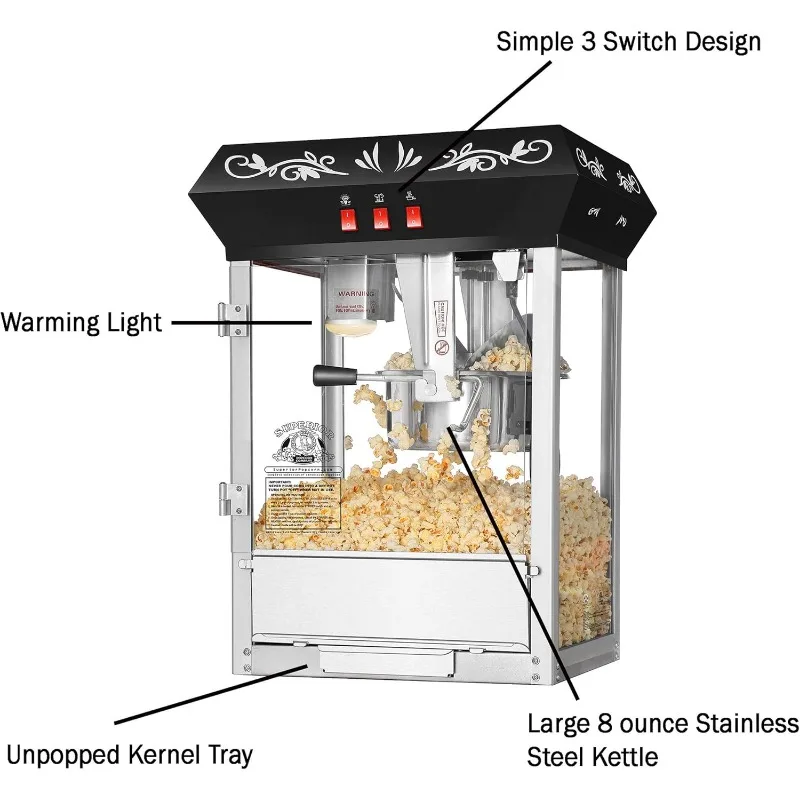 Doskonała maszyna do popcornu na blacie w starym czasie z czajnikiem ze stali nierdzewnej o pojemności 8 uncji, czarna