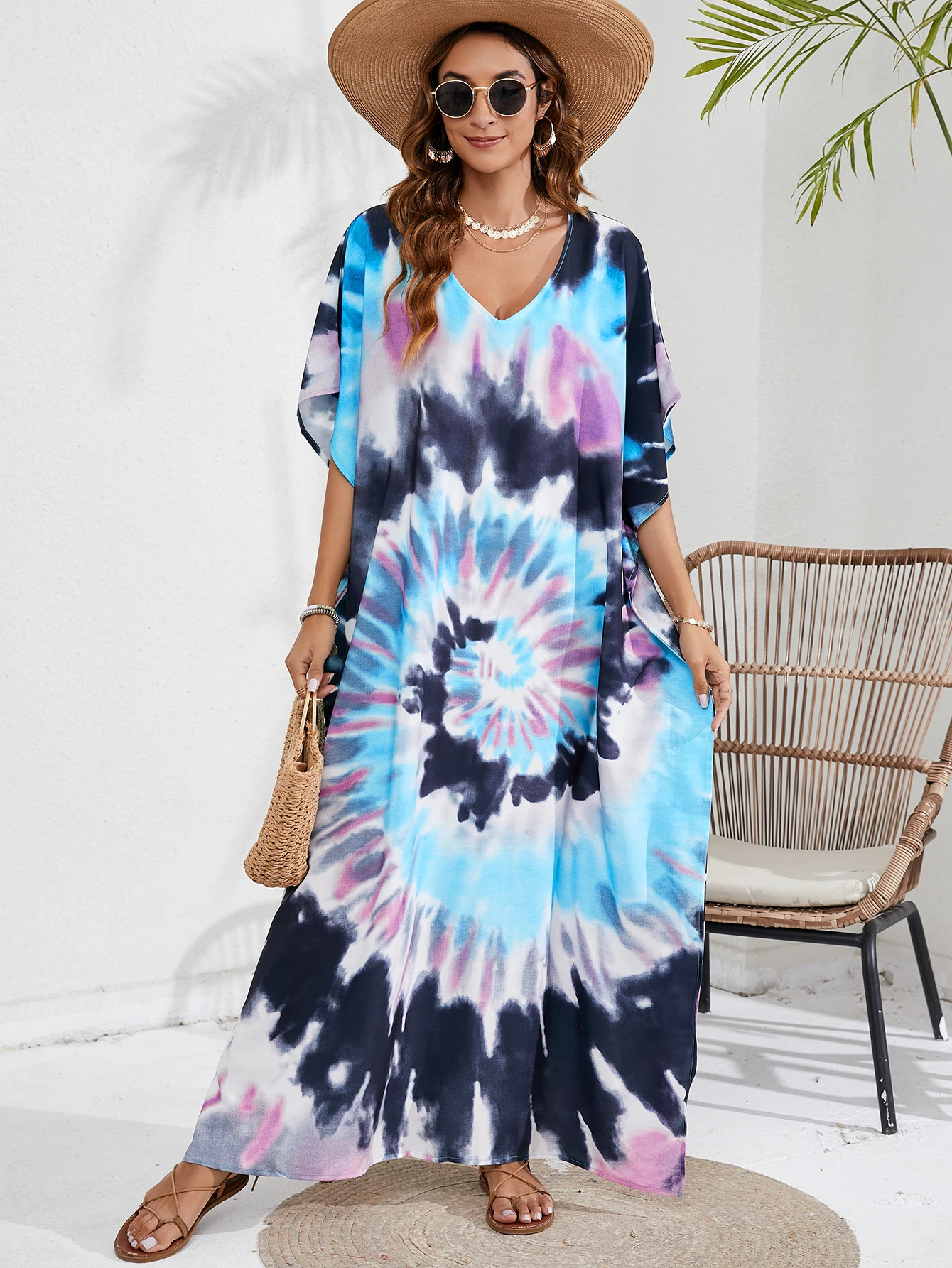 Women s Boho Cover Up  Plus Size Tie Dye Batwing Sleeve V Neck Maxi Kaftan Cover Up Dress