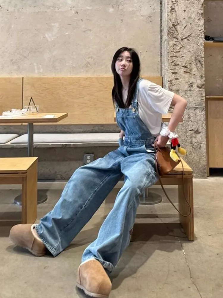 Blue Denim Overalls Women's Summer Loose Thin Straight Leg Wide Leg Jumpsuit Casual High Waist Pocket Zipper Wear Resistant