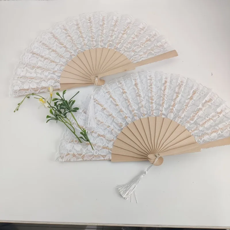 25/30 Wooden Folding Fans with White Lace Artisanal Bridal Party Photo Prop Wedding Gifts for Guests & Bridal Shower Home Decor