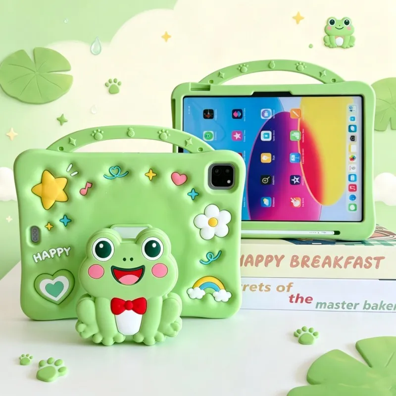 Cute 3D Cartoon Frog Tablet Case Kids Shockproof Handle for iPad 11 Pro 2018-2025 Air 6 7 8 A16 A19 11