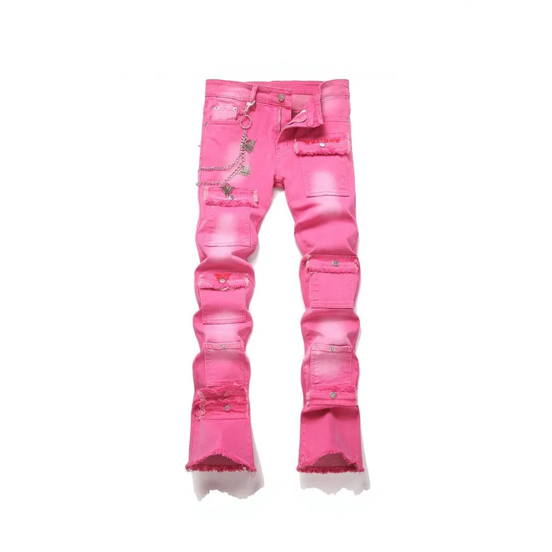 Men's Fashion Punk Style Hip Hop Jeans Pants With Multi Pockets High Street Y2K Pink Denim Trousers With Chains Personality
