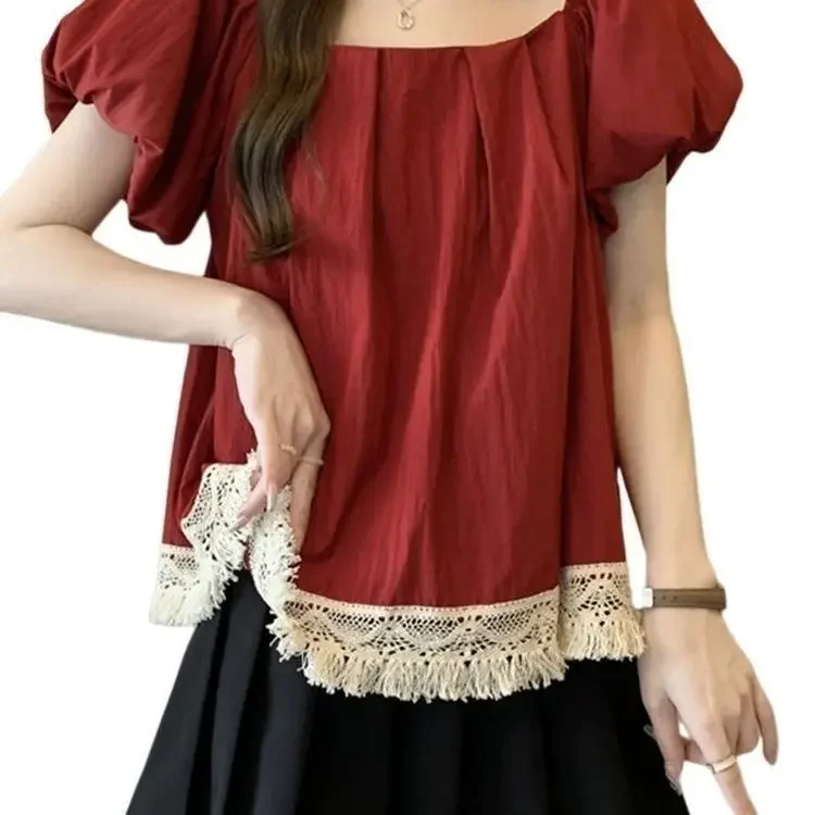 우아한 아름다운 프랑스 레이스 Tassels Boho 블라우스 스퀘어 칼라 퍼프 슬리브 스위트 셔츠 젊은 여성 캐주얼 탑 한국 패션