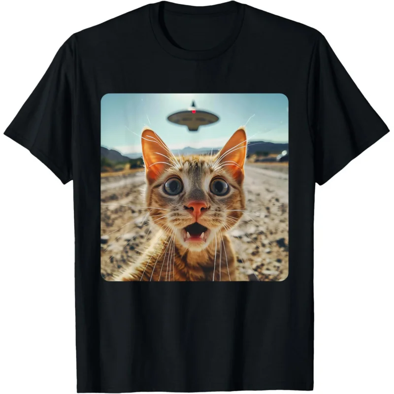 Men's and Women's Sports and Leisure New Fashion Short sleeved Cat and Alien UFO Selfie Alien Encounter Black Top T-shirt