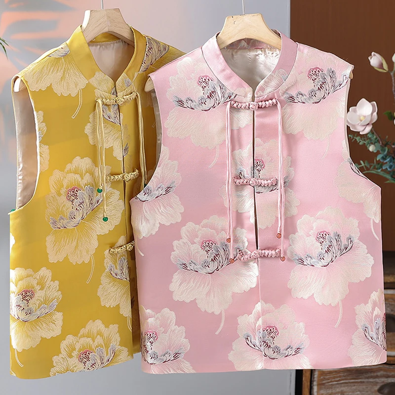 

Retro Printed Vest Jacket Fashion Button Coat Traditional Chinese Top Large Size 5XL Camisole Satin Versatile Flowers Clothes