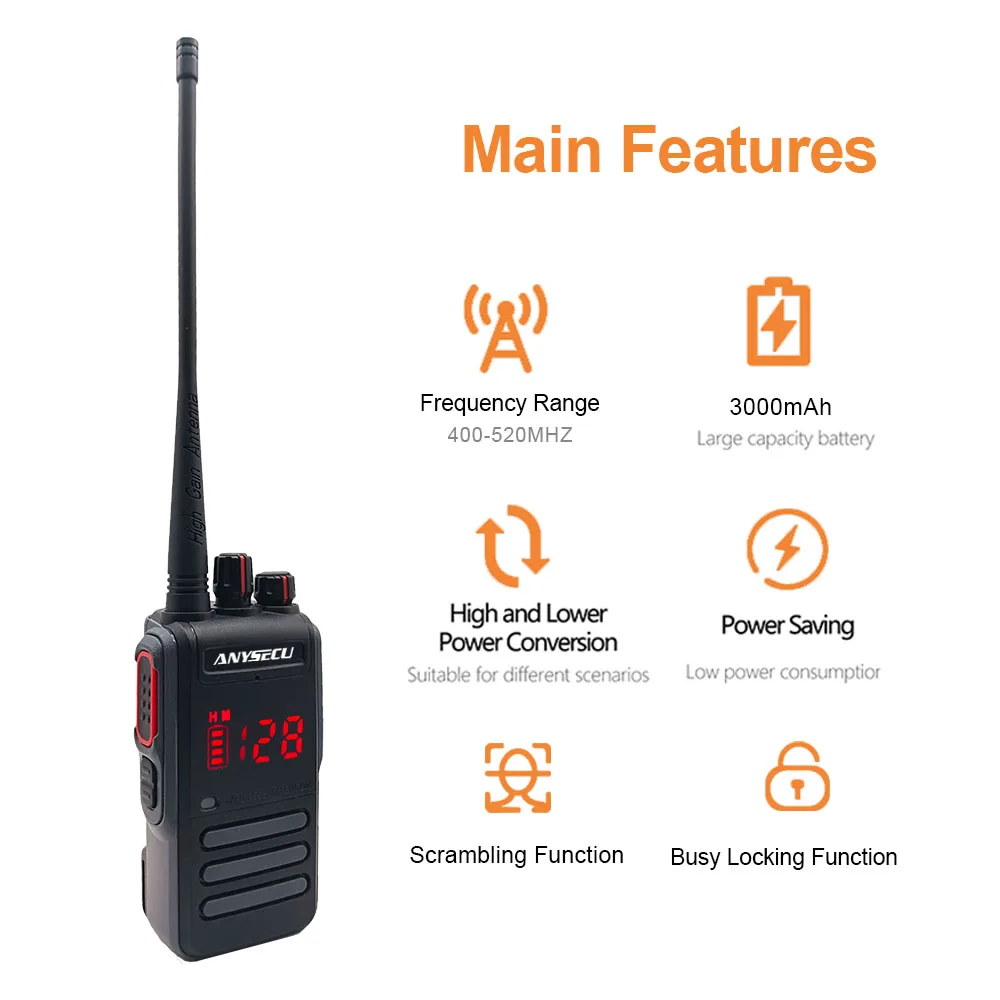 Anysecu Radio W350 IP68 Water-proof Walkie Talkie UHF 400-520MHz 5W 128 Channels 3000mAh with Hidden Display and VOX Function