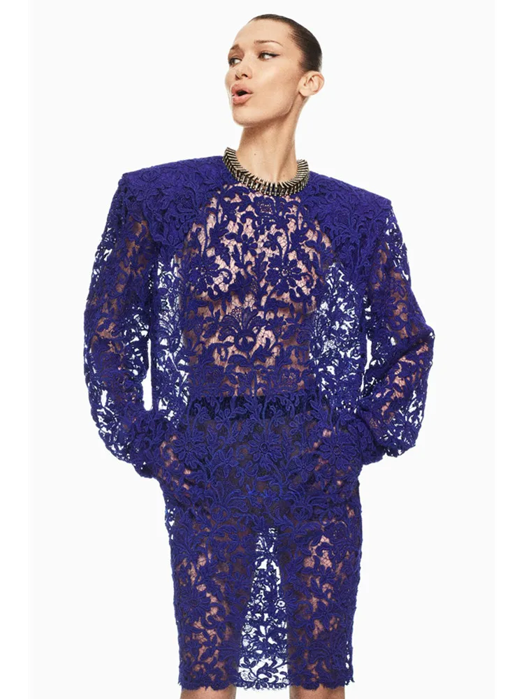 

Women Celebrity Sexy Long Sleeve Blue Lace Summer Mini Gowns Dress 2025 Elegant Evening Party Club Vestido