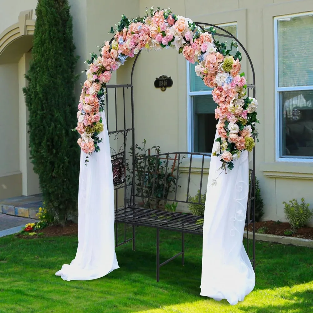 Metal Garden Arch with Bench, Outdoor Pergola Trellis Archway for Climbing Plant Roses Vines, 2-Person Garden Arbor with Seat