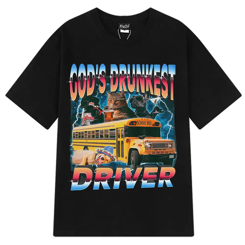 

Забавная футболка God's Drunkest Driver с мемами, юмористический кот, собака, школьный автобус, винтажная футболка, летние хлопковые футболки в стиле Харадзюку, топы унисекс