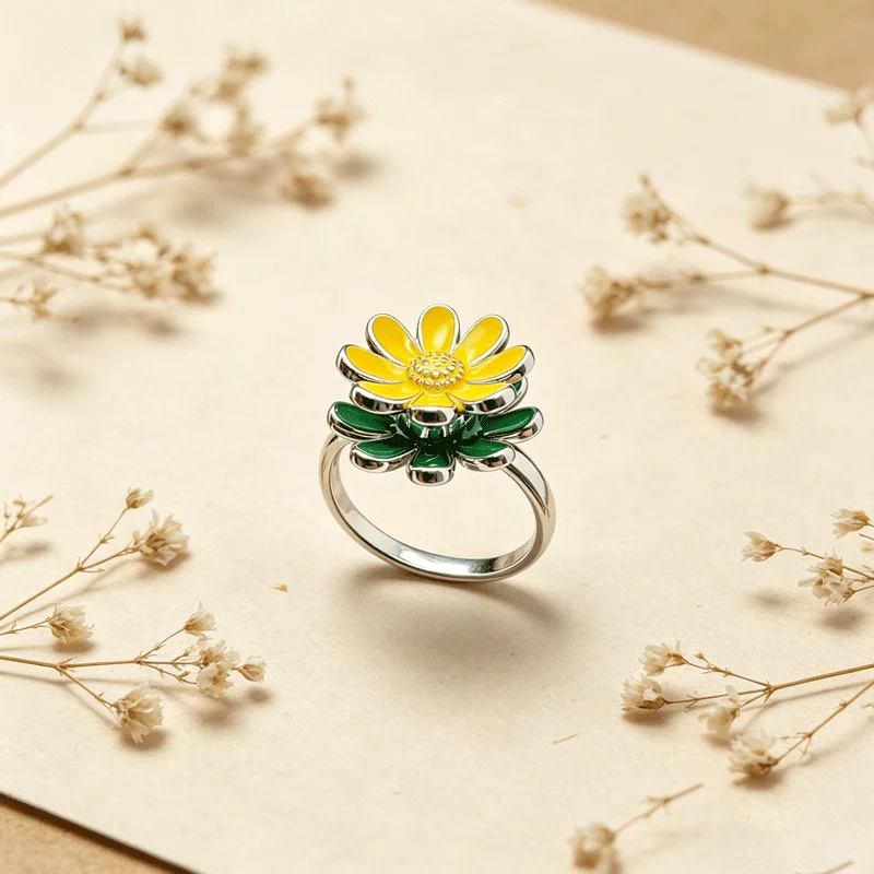 

Gold Plated Luxury Rotatable Yellow Enamel Daisy Adjustable Ring For Women Sweet Elegant Party Engagement Fine Jewelry