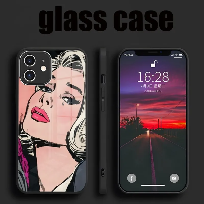 Black Hair Crying Comic Girl Phone Case For IPhone 14 Pro 15 Max Plus 13 12 11 X XR XS 8 7 6 MINI SE 2022 Glass Design Back