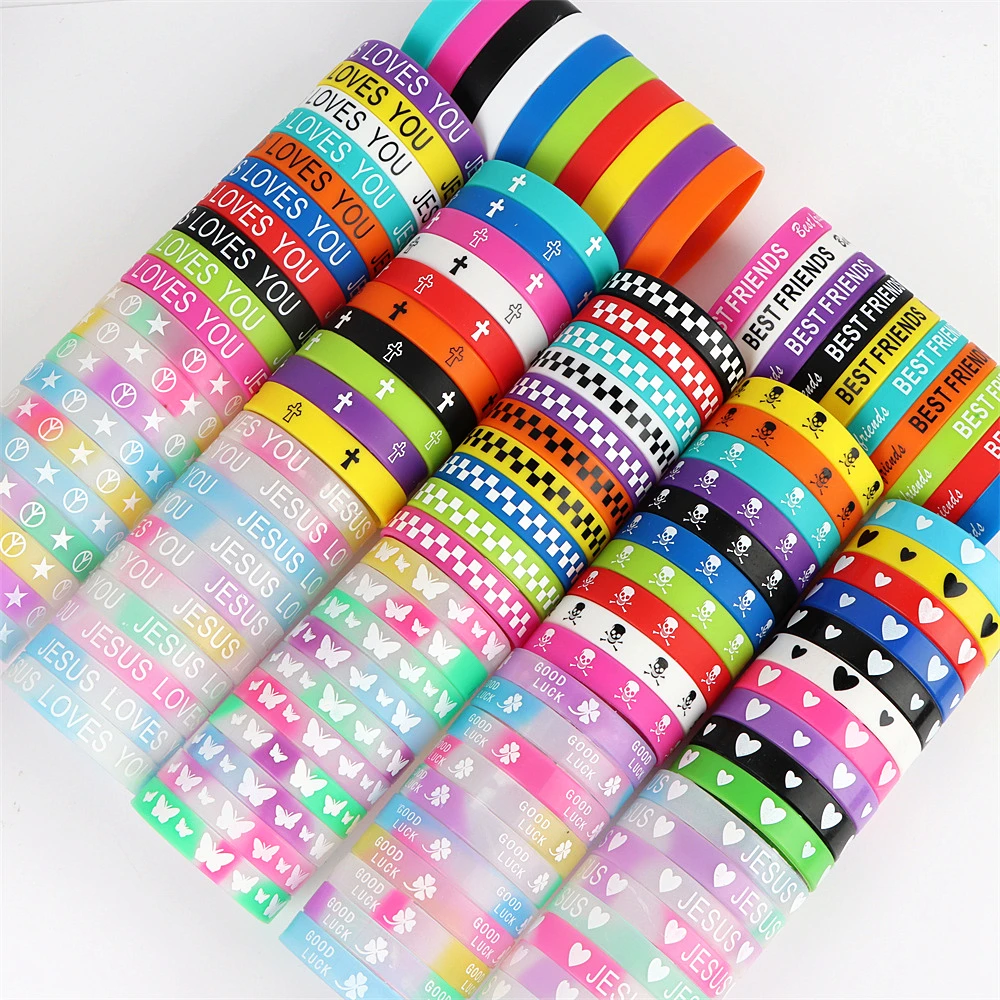 10/20/30/50Pcs/Lot Fashion Classic Sport Multicolor Luminous Silicone Bracelets Men Women  Mix Style Wristband Jewelry Gifts