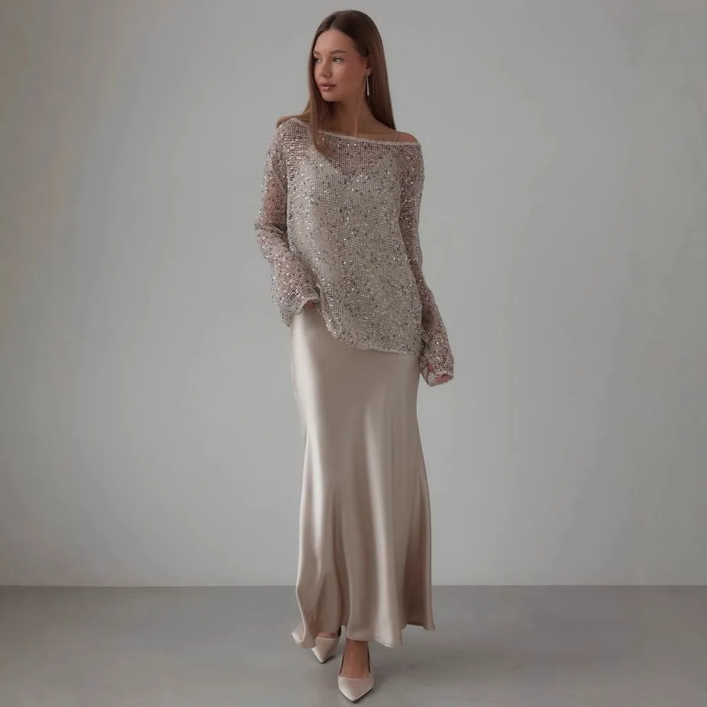 Moda lantejoulas fora do ombro manga comprida topo cor sólida verão casual solto oco camisa para mulher 2025