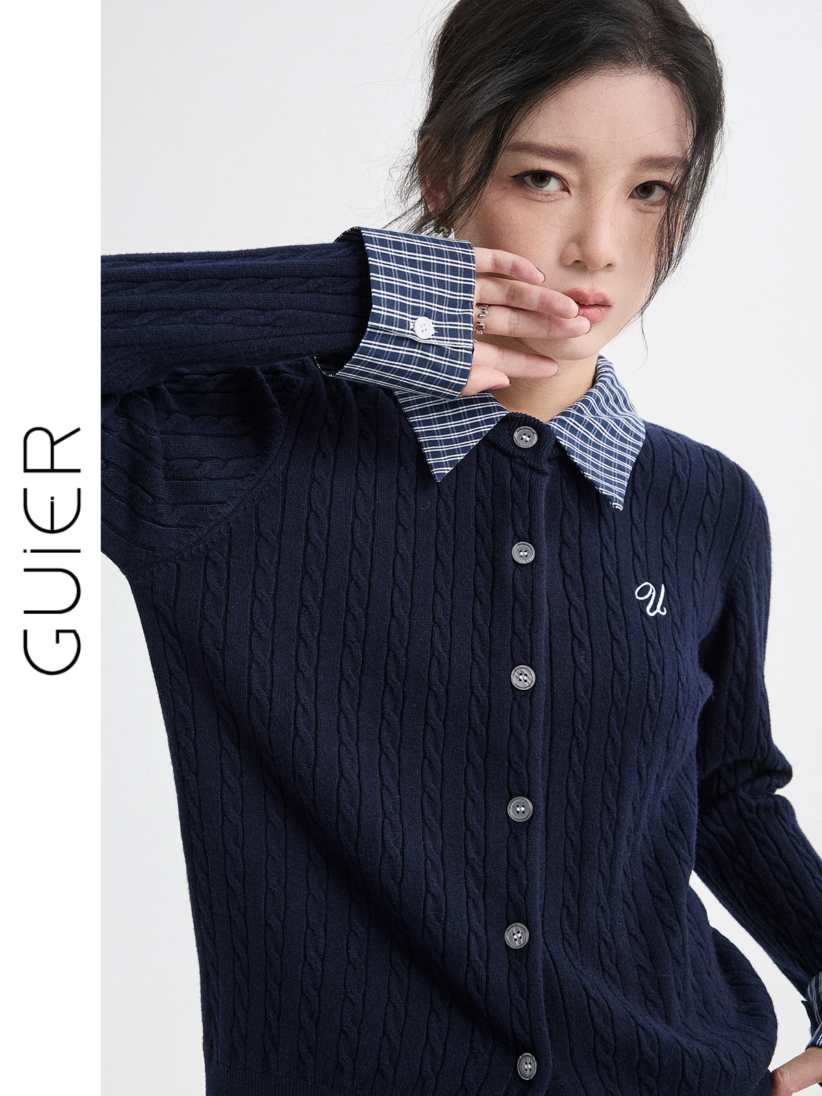 

Женский вязаный свитер Guier Ne с клетчатым пэчворк-дизайном, новинка весенней коллекции, повседневный, с длинными рукавами, стандартный крой, топ