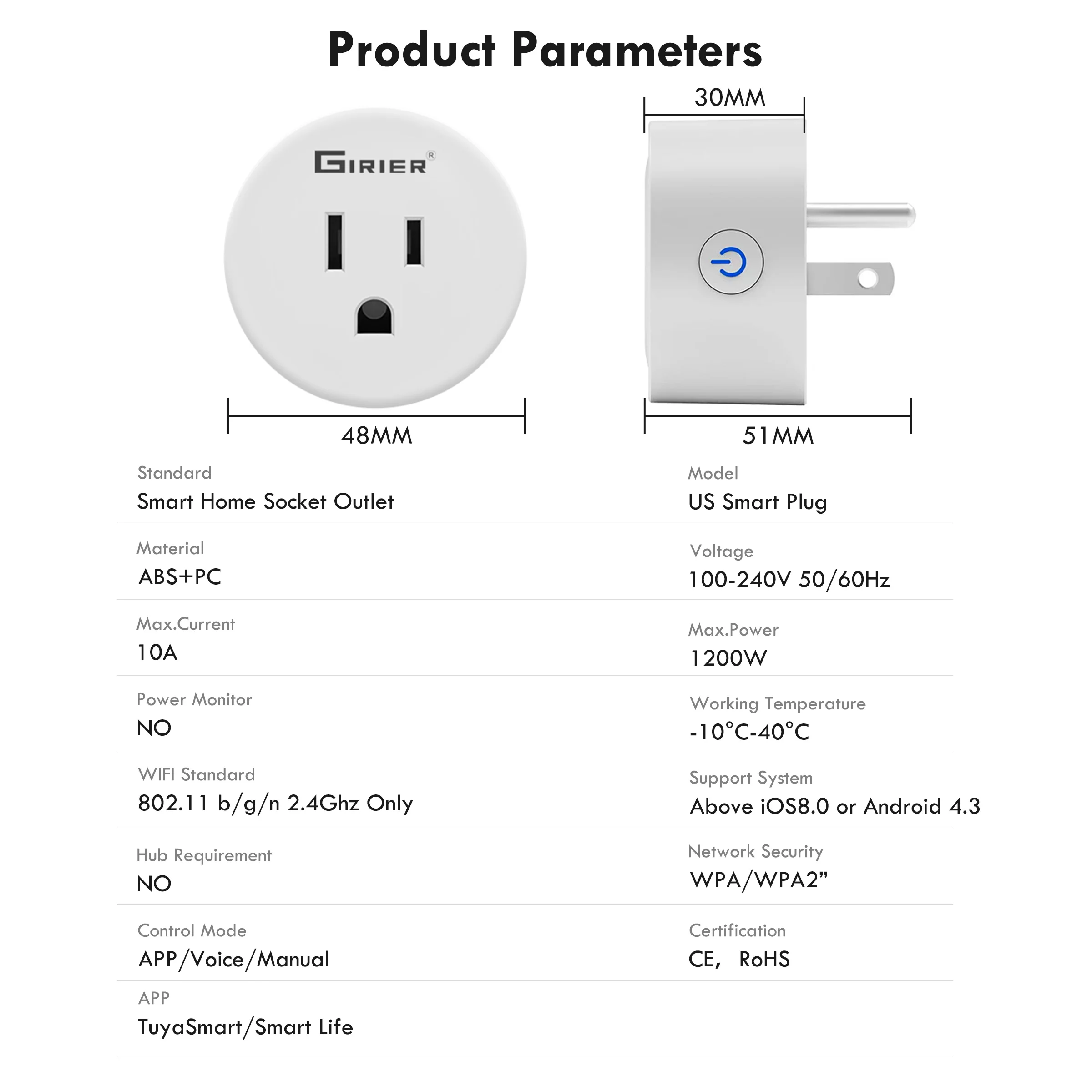 GIRIER Smart Plug US, WiFi Outlet Socket 10A Compatible with Alexa Google Home, Timer App Vocie Remote Control, No Hub Required