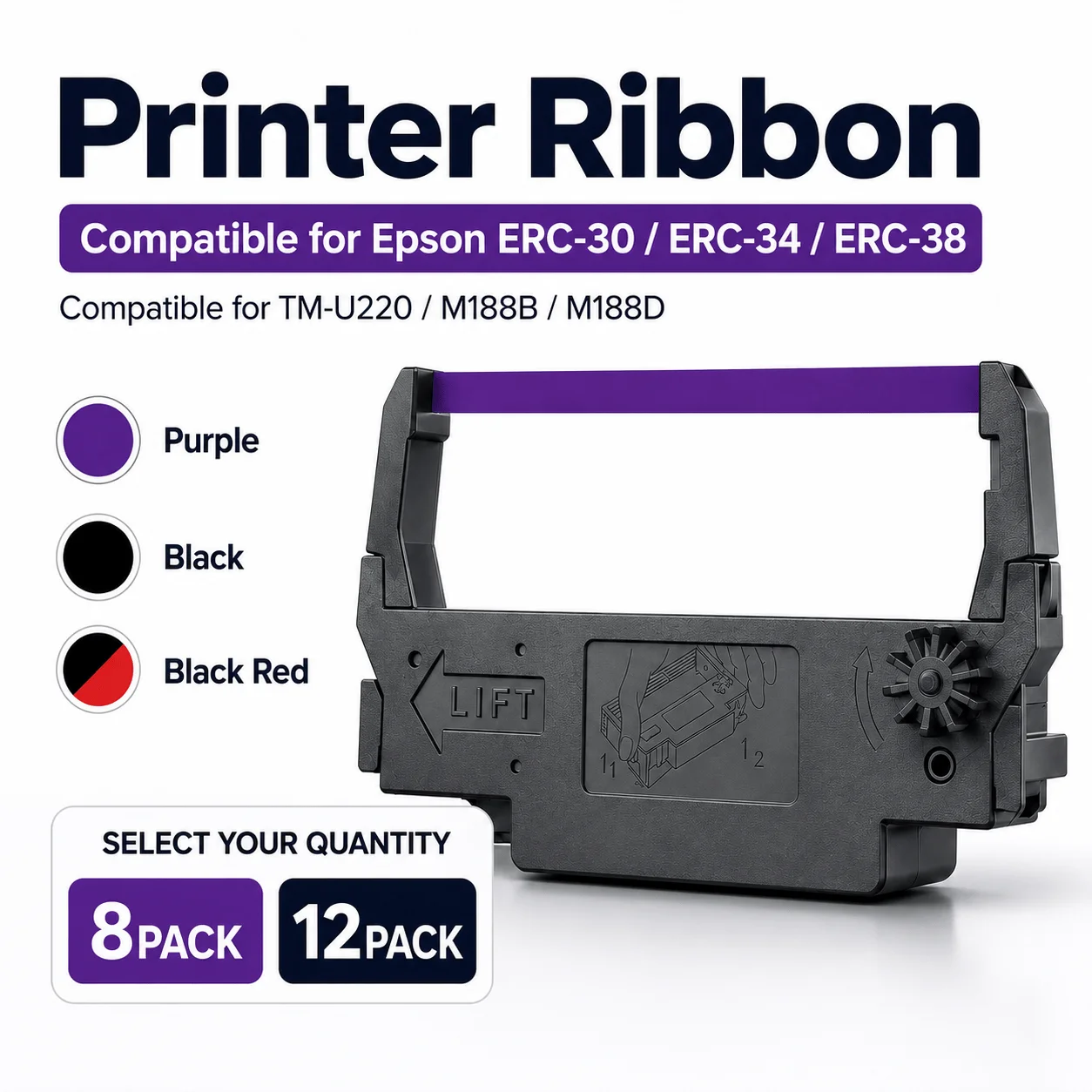 8 / 12 Pack ERC-30/34/38 Ribbon, 12.7mm 5M Black Red/Purple/Black Compatible for E-pson TM-U220 U200 U300 M119 M188B M270 NK506