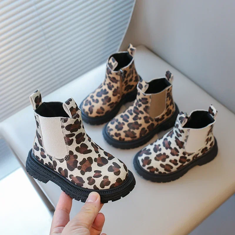 

Girls Boots Fashion Classic Leopard Prints Little Kids Ankle Boots Side Zipper Classic Girls Rubber Boots Breathable Warm