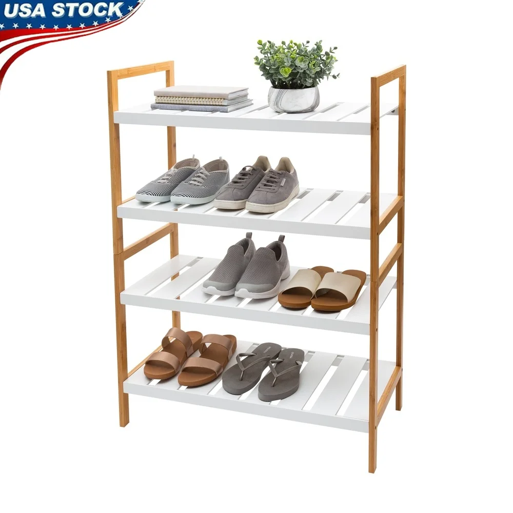 

2 Pack Bamboo 4 Tier Stackable Shoe Rack Space Saving Storage 12 Pairs Free Standing Design Bedroom Bathroom Closet
