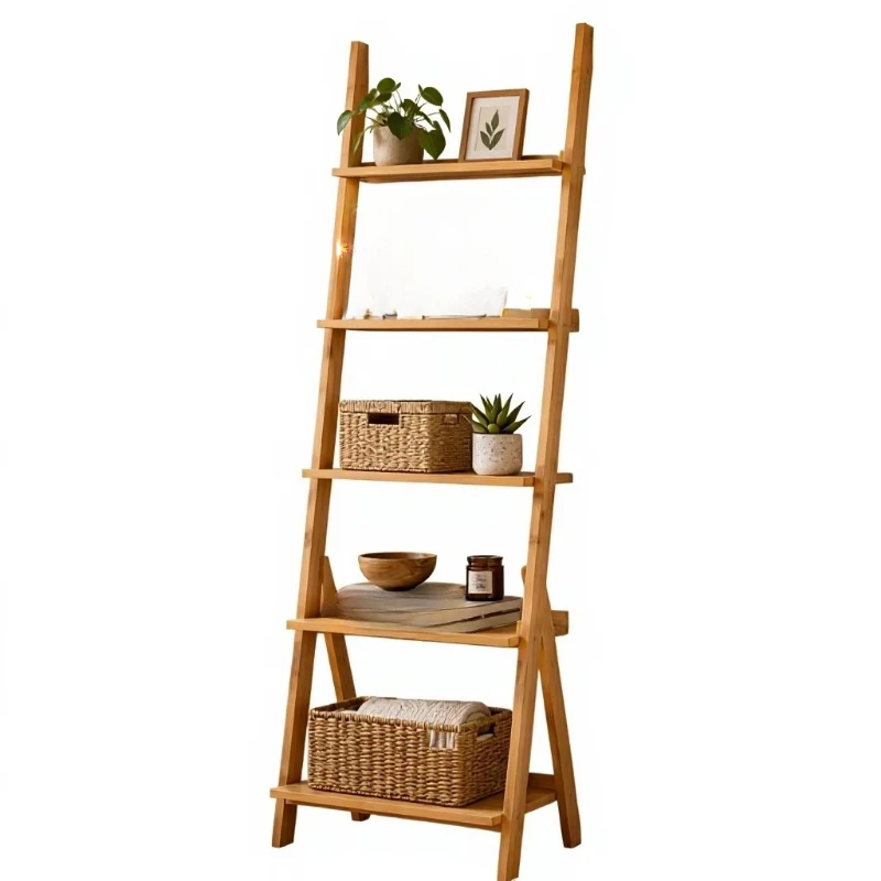 Environmentally friendly 5-layer bamboo ladder storage rack multi-functional living room bookshelf