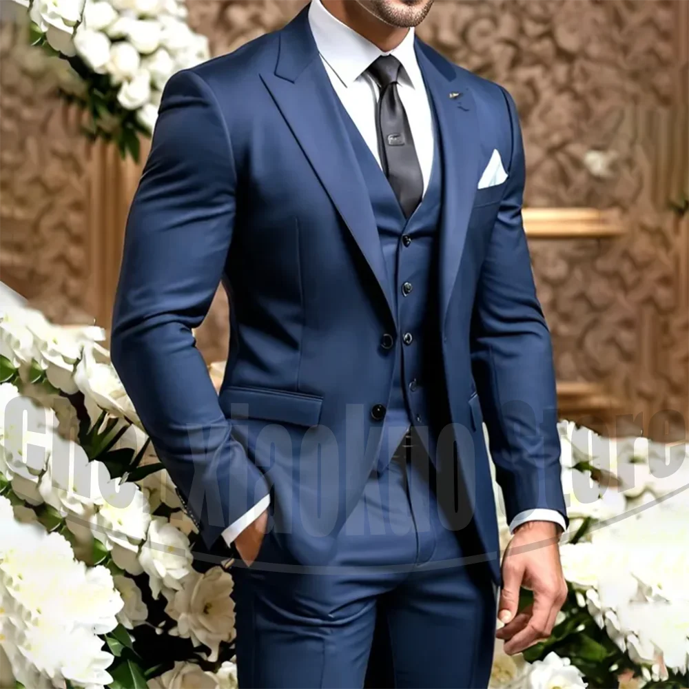 

Men's Navy Blue 3 Piece Suit Set Slim Fit Blazer Vest Pants Peak Lapel Single Breasted Formal Party Wedding Groom Prom Outfit