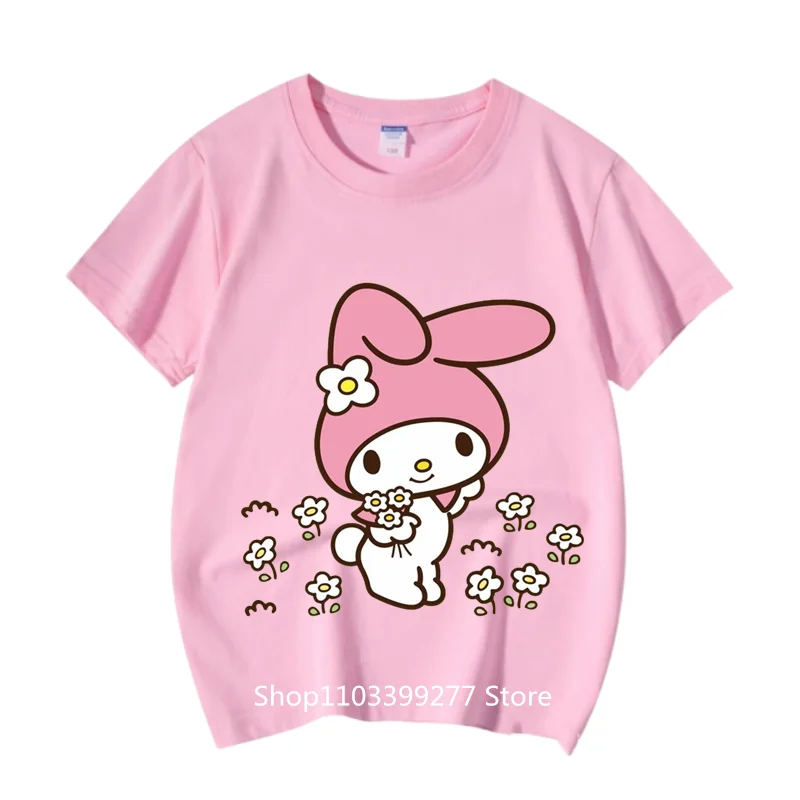 100% Cotton Summer Clothes Absorb Sweat Breathable T-Shirt Sanrio Cartoon Anime Cute MyMelody Short Sleeve T-Shirt Girls T-Shirt