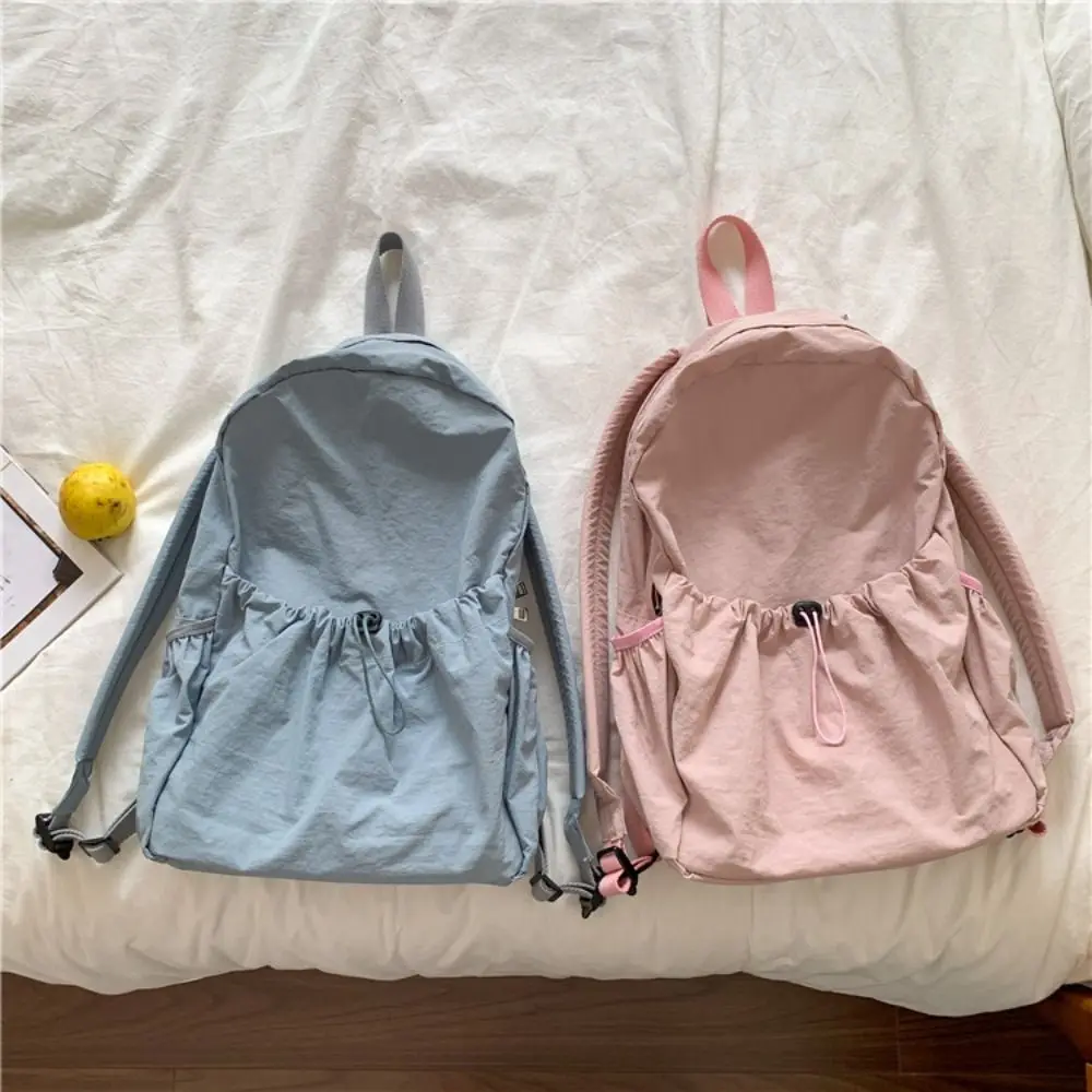 

Fashionable Korean Style Drawstring Backpack Fold Wrinkle Light Soft Nylon Bag Book Bag Large Capacity Shoulder Bag Outdoor