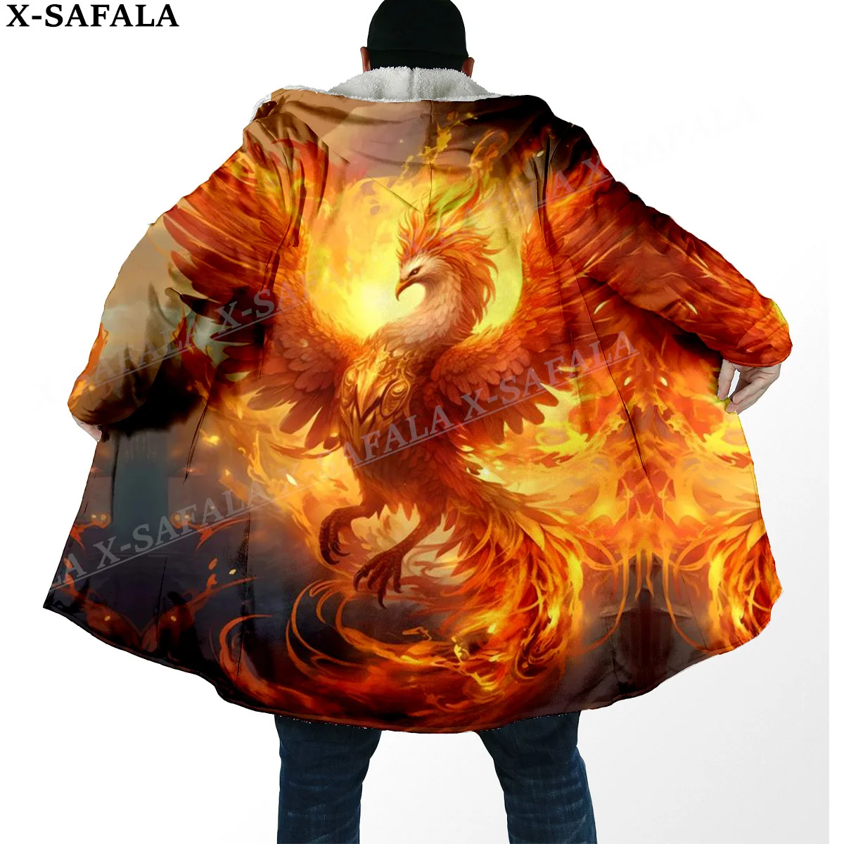 Mythical Phoenix Myth Fire Phoenix Print Thick Warm Hooded Cloak Men Overcoat Coat Windproof Fleece Cape Robe Hooded Blanket-6