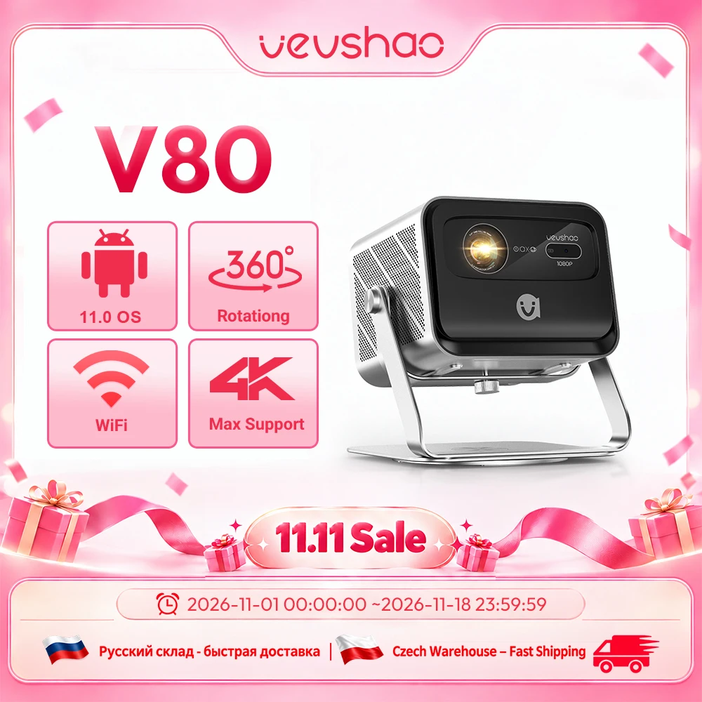 VEVSHAO V80 4K 프로젝터 풀 HD1080P 2200 Anis Lumens 안드로이드 11.0 WiFi 6 비디오 홈 영화 극장 프로젝터(베이스 스탠드 포함)