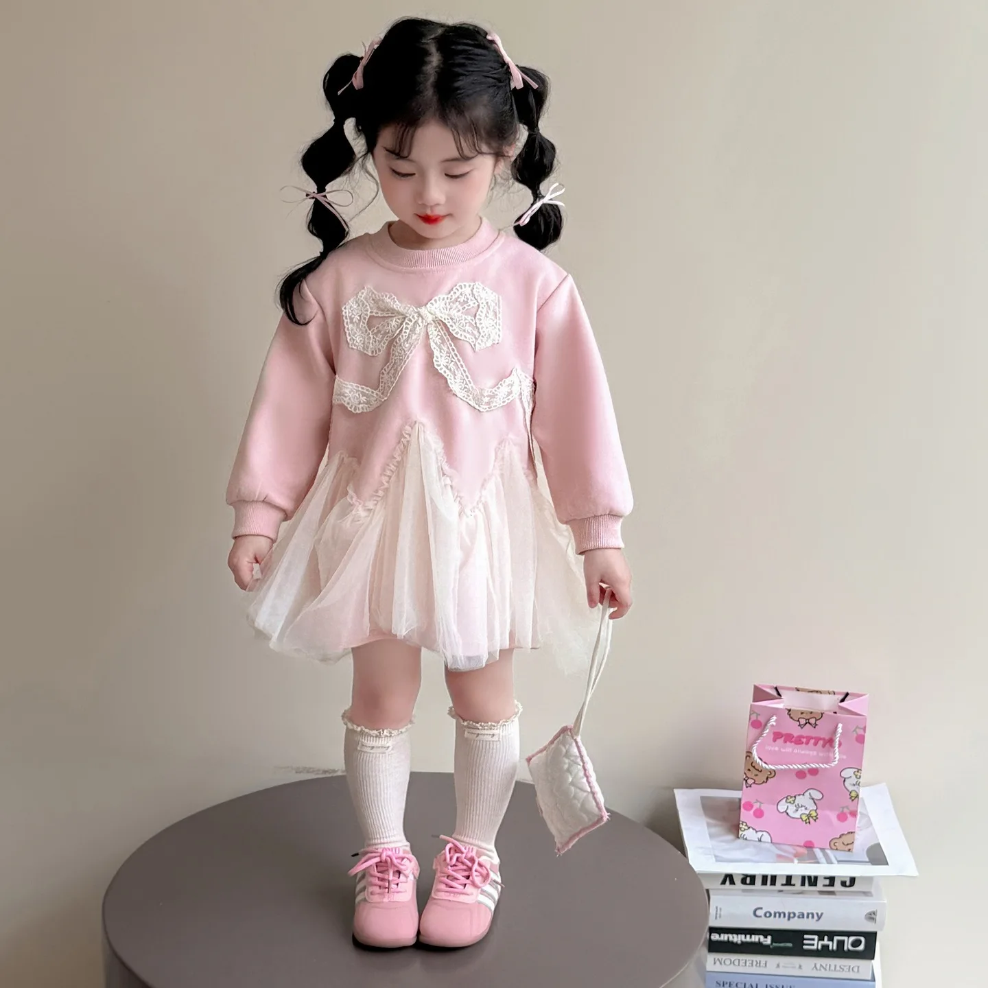 

Girls Dress Spring and Autumn Butterfly Knot Splicing Cotton Dress New Korean Style Fashionable Western Style Sweet Wear