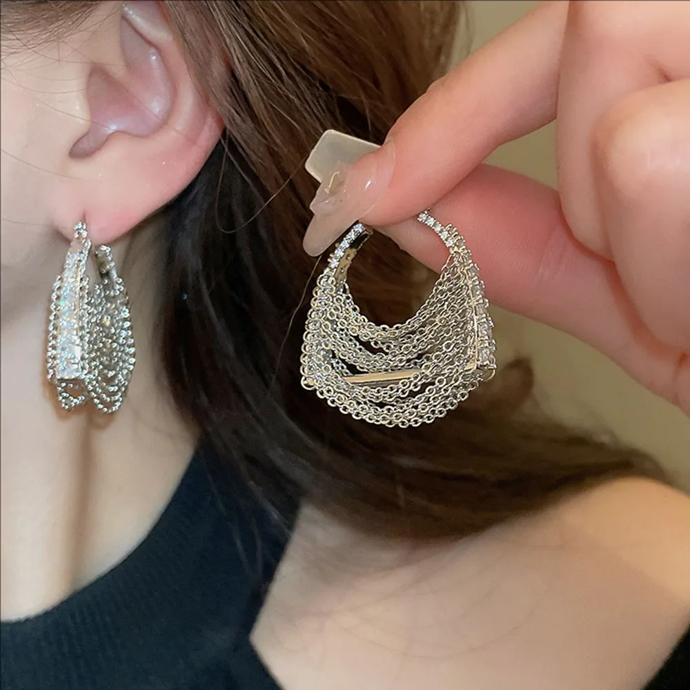 

Fashionable Zircon Bag Fringed Ear Buckles Niche Design Sense New Earrings High-end Commuting Jewelry