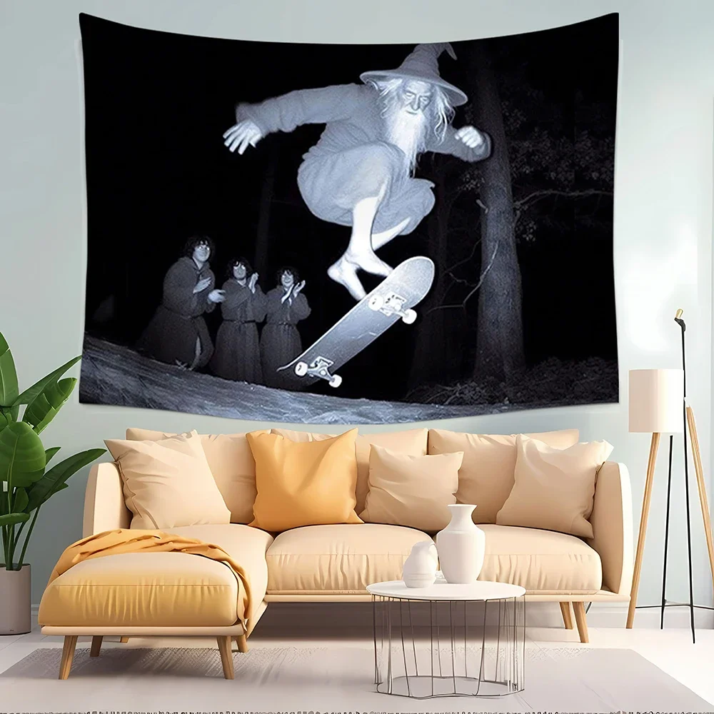 VIKAMA Trippy Wizard Skateboarding Wandteppich, lustiger Meme-Wandbehang für Schlafzimmer, Spielzimmer, Humor-Dekoration