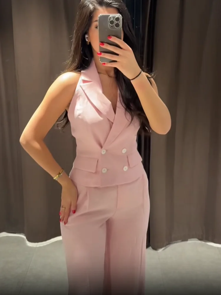 

2025 Pink Sleeveless Slim Fit Shirt Suit Double Breasted Buckles Lapel Top Straight Long Pants Set Lady Chic Commuting Outfits