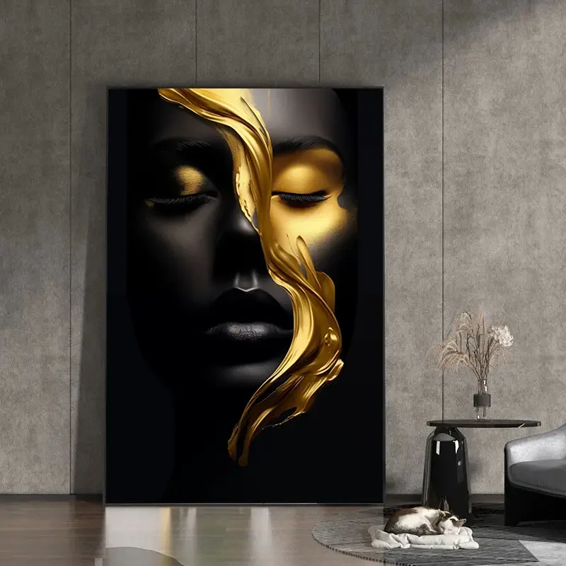 Modern Abstract African Woman Poster, Living Room And Bedroom Wall Decor, Black Gold Highlight Design, Modern Home,No Frame