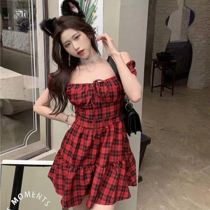 Dresses Woman Plaid Casual Streetwear Sweet Ladies Puff-sleeve Fashion  Korean Style Cute Simple Ins Retro All-match New Summer - AliExpress  200000345