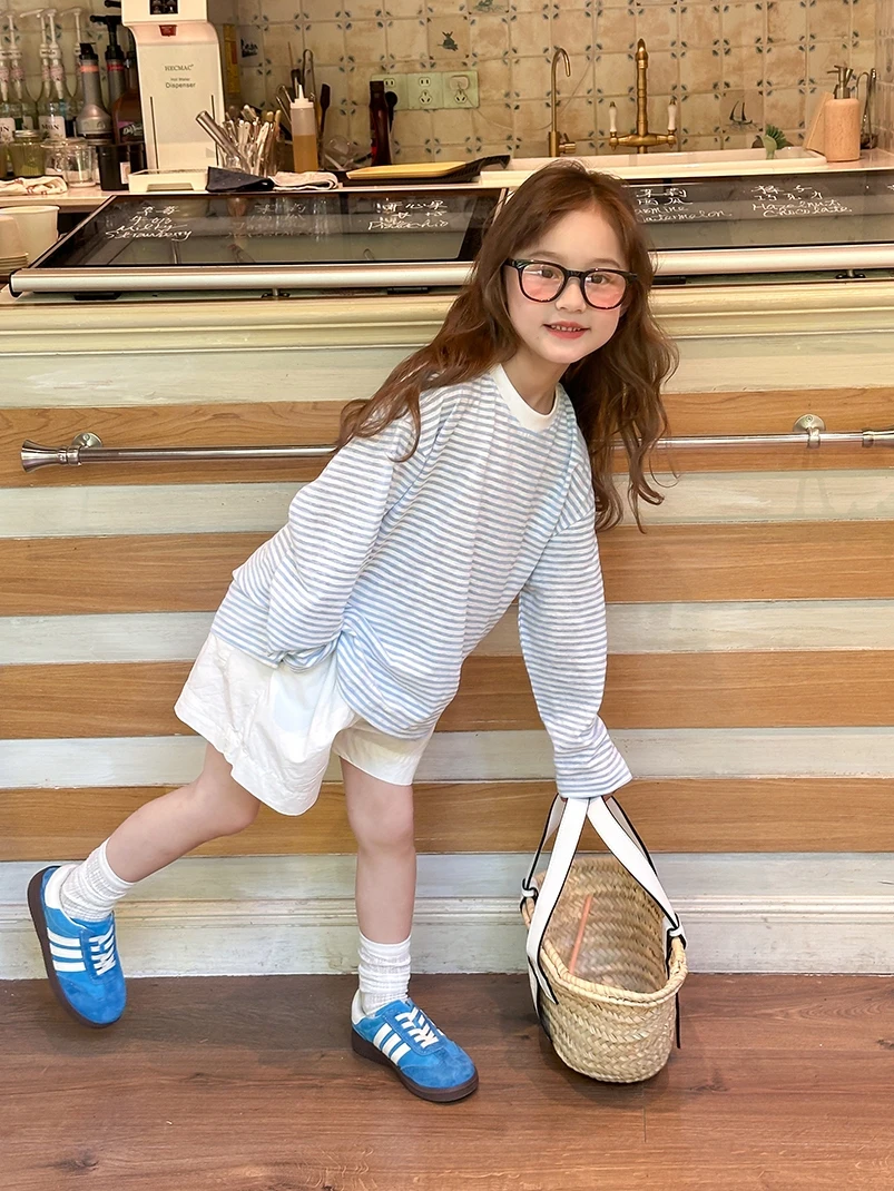 Lightweight Long Sleeve Striped T-Shirt for Girls Summer Loose Fit Sun Protection Children's Fashionable Korean Style Clothing