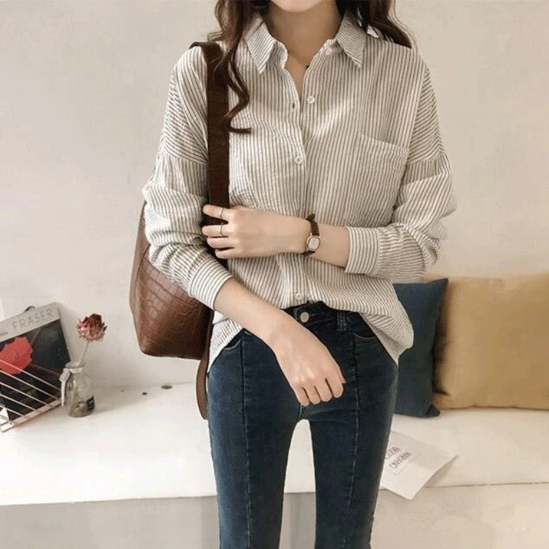 Temperament Fashion Autumn Winter Women Polo-Neck Striped Single Breasted Pockets Simplicity Office Lady Long Sleeve Shirts Tops