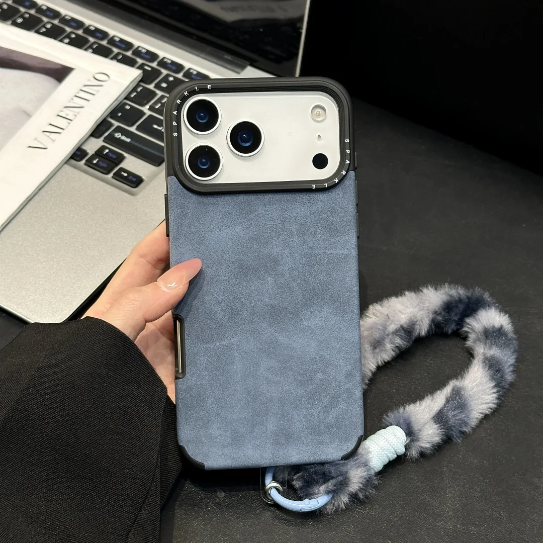 

2026 Luxury new Suede Leather Anti-fur Soft Silicone Case For iPhone 13 14 15 Pro MAX 16 17 Pro Max Plush Wrist strap Cover ﻿﻿