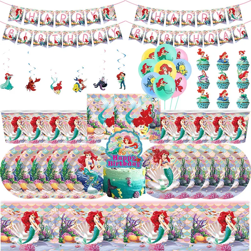 Ensemble de décorations et de cadeaux pour fête d'anniversaire Ariel la Petite Sirène, thème sirène, gobelets, assiettes, ballons, nappe, fournitures pour filles