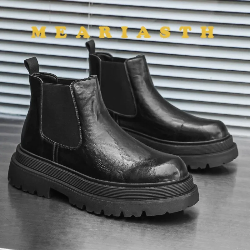 

Мужские повседневные ботинки «Челси» больших размеров, туфли без шнуровки из натуральной кожи, черные, коричневые ковбойские ботинки на платформе, весенне-осенние мужские ботильоны