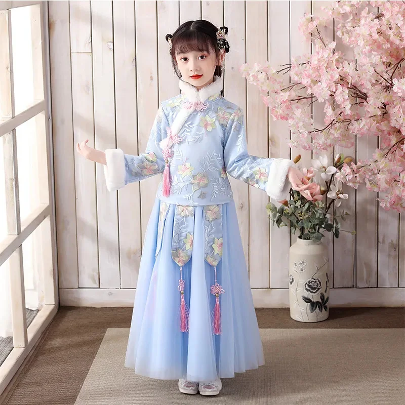 Girl Hanfu For Winter 2024 New Tang Suit Chinese Style 2 Piece Skirt Set Children's Cheongsam Plus Velvet Warm Turtleneck Dress