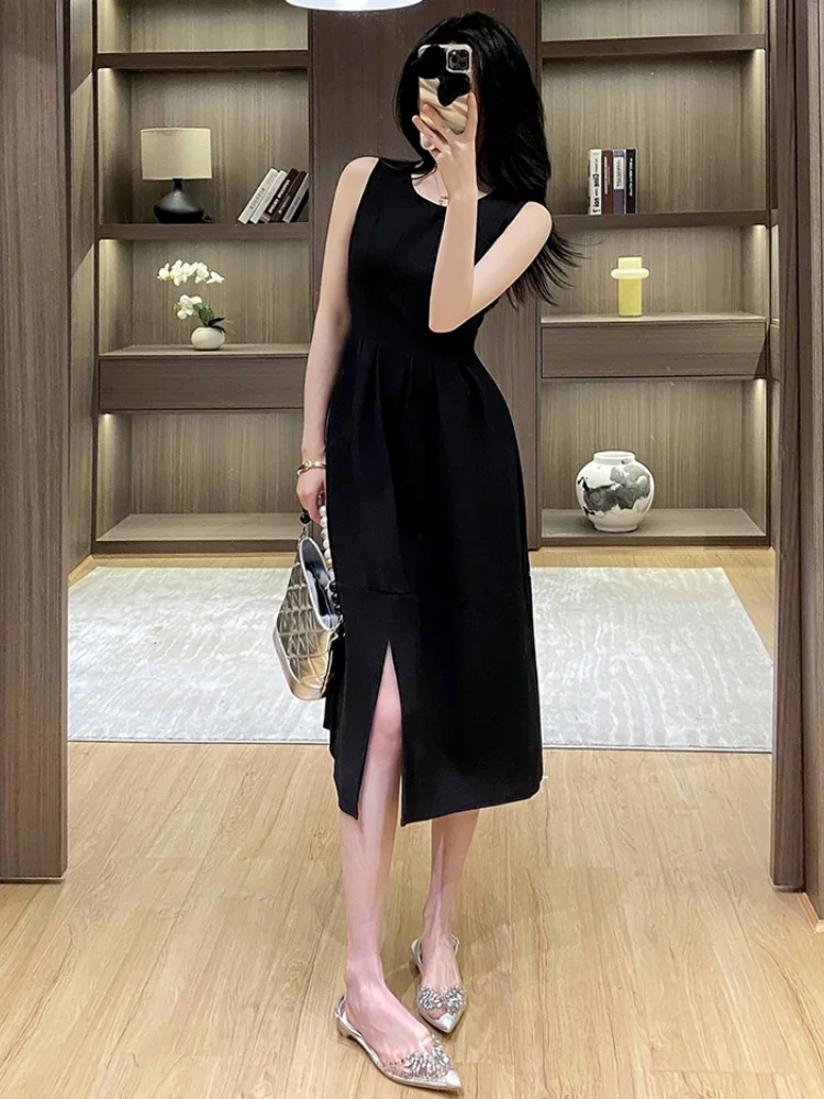 Smthma francês elegante preto frente split vestido de verão feminino o-pescoço sem mangas cintura fina casual vestidos longos robe