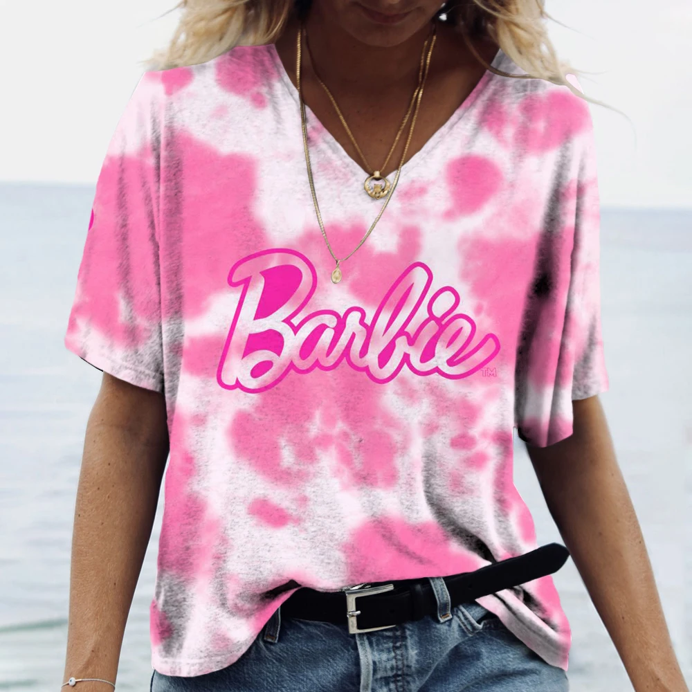 

Summer New Women T Shirt Barbie print V-neck Short Sleeve Blouse Fashion Plus Size T-shirts For Women Clothing Y2k Female Tee